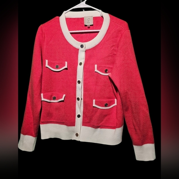 Sioni Red and White Button-Up Cardigan Size Large EUC 22 PTP - Picture 2 of 5